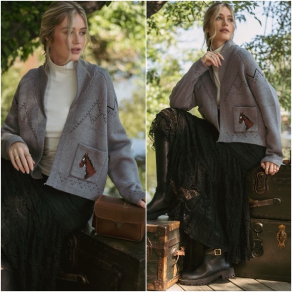 Women's Gray Horse Pattern Cardigan - Picture 2 of 10